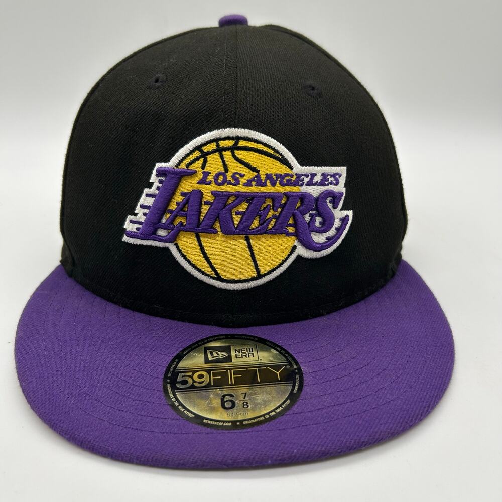 Los Angeles Lakers Hat Men 6 7/8 Black Purple New Era Fitted Embroidered Cap NBA